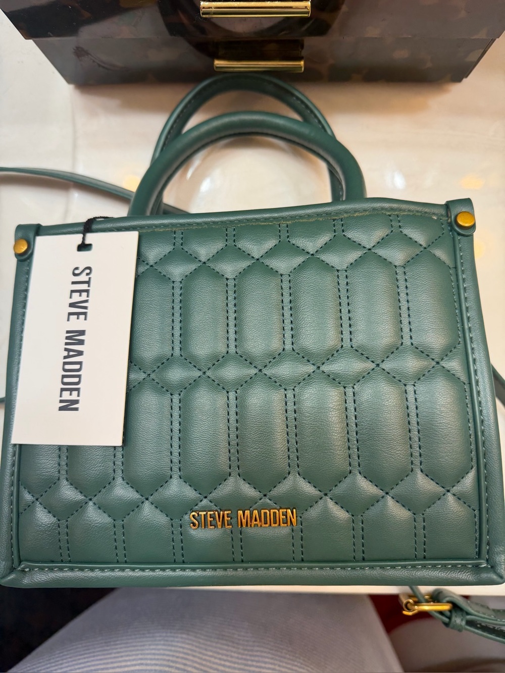 Steve Madden Quilted Teal Mini Top-Handle Bag with Gold Logo